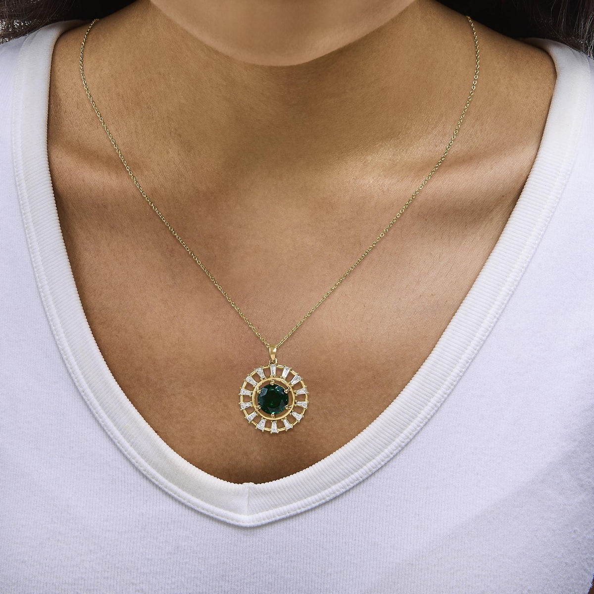 14KT Yellow Gold Plated .925 Sterling Silver Lab Grown Emerald and Baguette Diamond Medallion Pendant Necklace