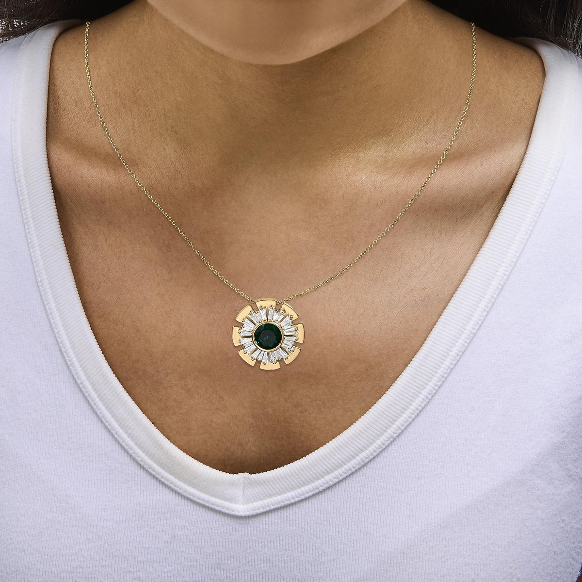 14K Yellow Gold Plated .925 Sterling Silver Lab Grown Emerald and Baguette Diamond Medallion Pendant Necklace