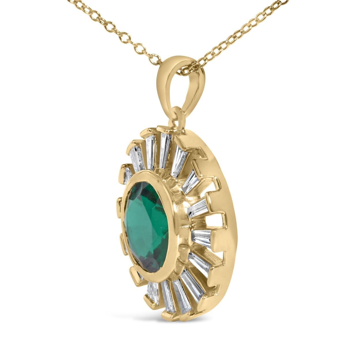 14K Yellow Gold Plated Sterling Silver Lab Grown Emerald and Baguette Diamond Sunburst Medallion Pendant Necklace