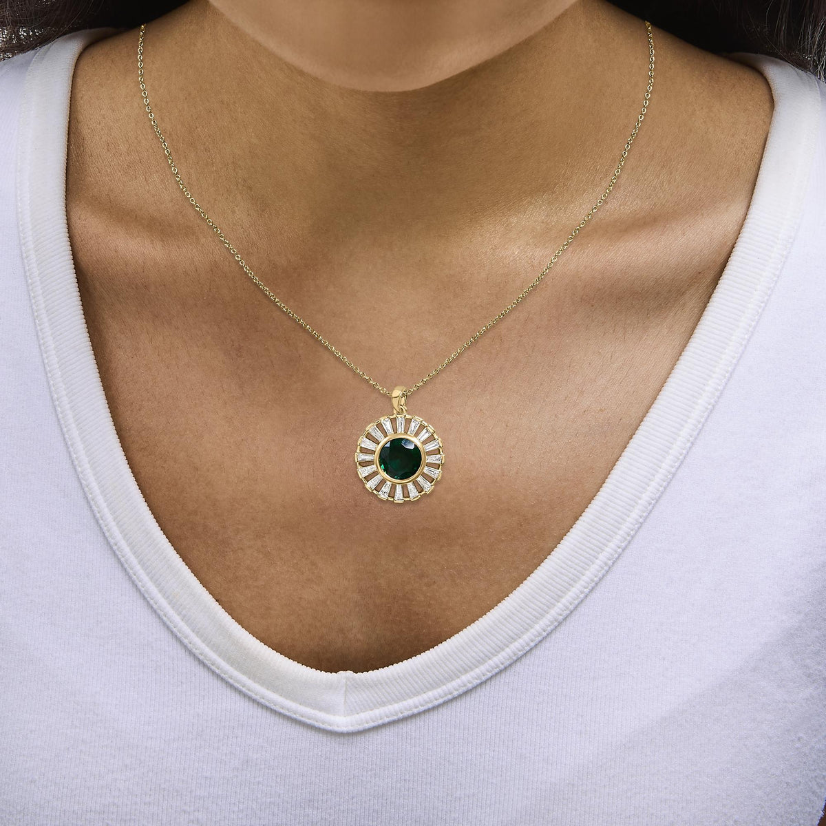 14K Yellow Gold Plated Sterling Silver Lab Grown Emerald and Baguette Diamond Sunburst Medallion Pendant Necklace