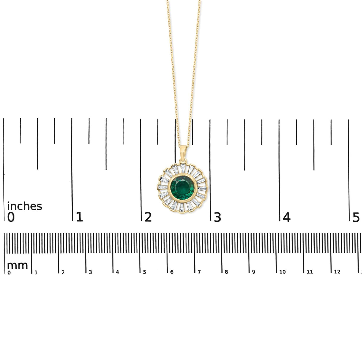 14K Yellow Gold Plated Sterling Silver Lab Grown Emerald and Baguette Diamond Sunburst Medallion Pendant Necklace