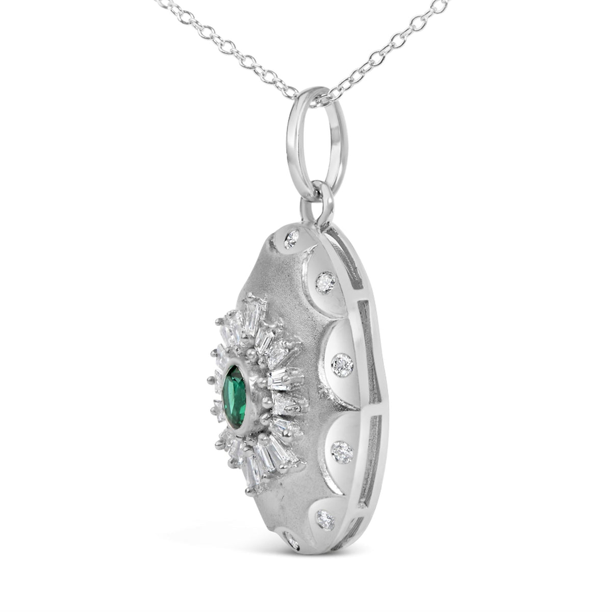Sterling Silver Lab Grown Emerald and Diamond Sunburst Medallion Pendant Necklace