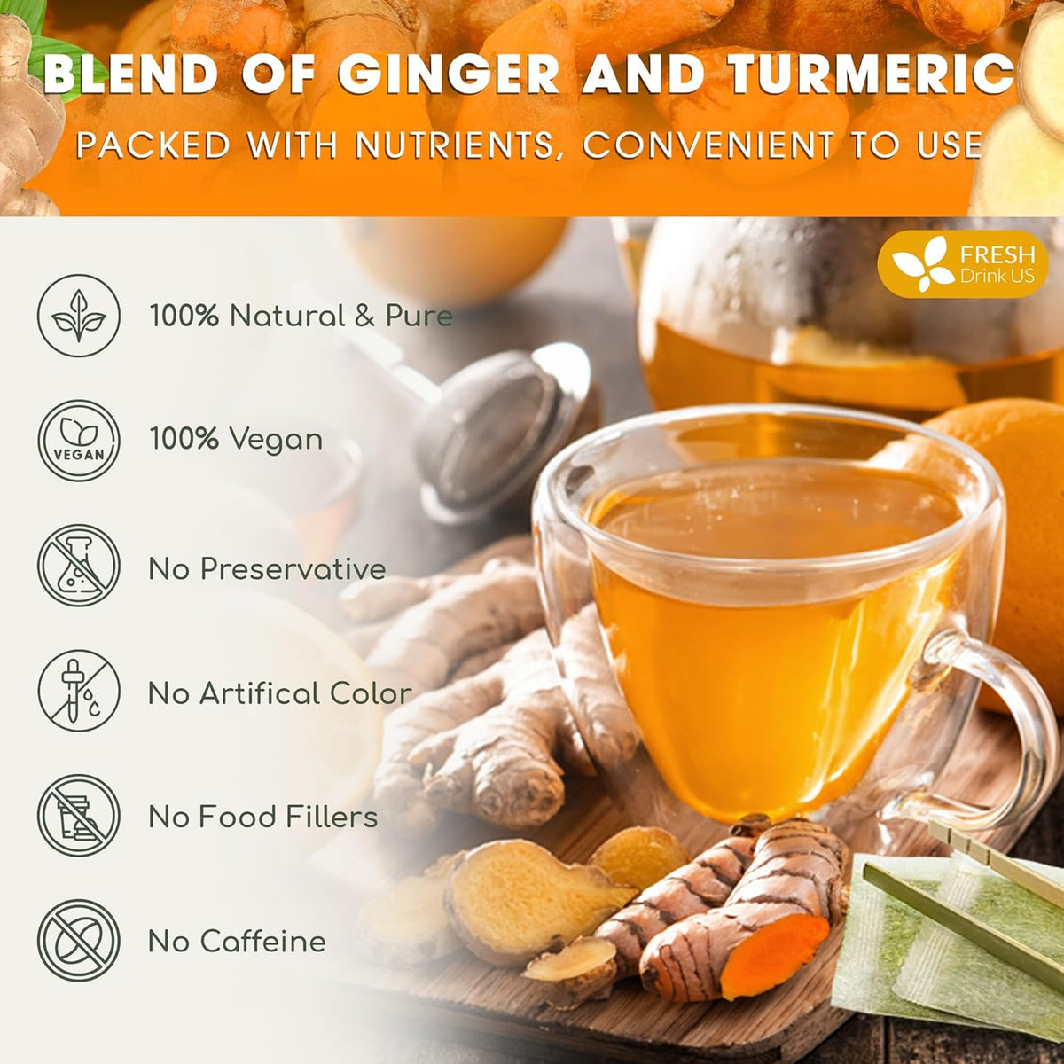 Premium Ginger Turmeric Tea Bags, Hand-made Blend of Ginger and Turmeric Herbal Tea, Eco-conscious Tea Bags. No Sugar, No Caffeine, No Gluten, Vegan.