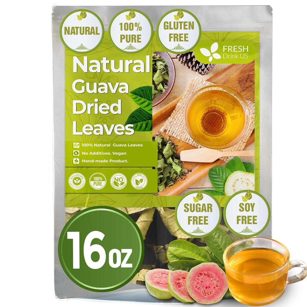 Natural Guava Leaves, Whole Dried Leaves, Cut-and-Sifted Guava leaves, 100% Pure from Guava Leaves, Natural Guava Loose Leaf Herbal Tea, No Additives, No Caffeine, Vegan