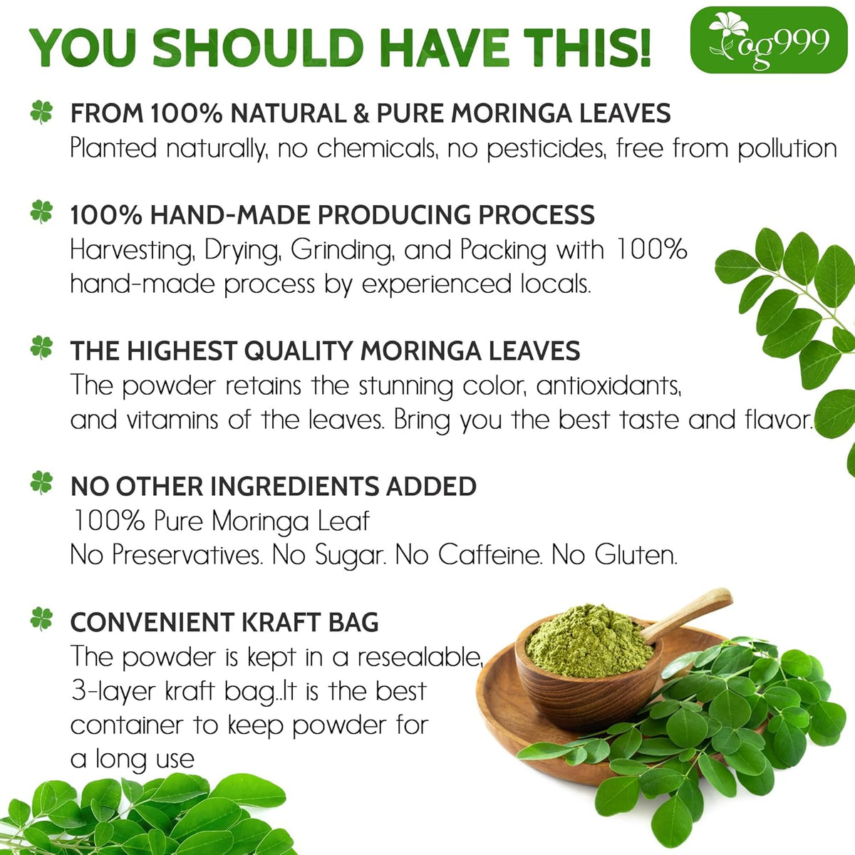 Premium Moringa Leaf Powder, 100% Natural and Pure from Moringa Leaves, No Additives, No Gluten, No Sugar, Vegan