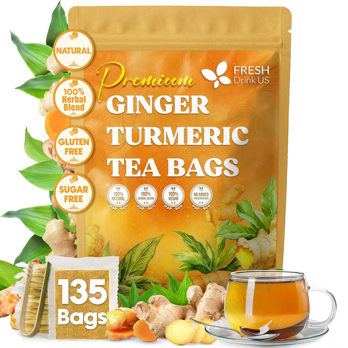 Premium Ginger Turmeric Tea Bags, Hand-made Blend of Ginger and Turmeric Herbal Tea, Eco-conscious Tea Bags. No Sugar, No Caffeine, No Gluten, Vegan.