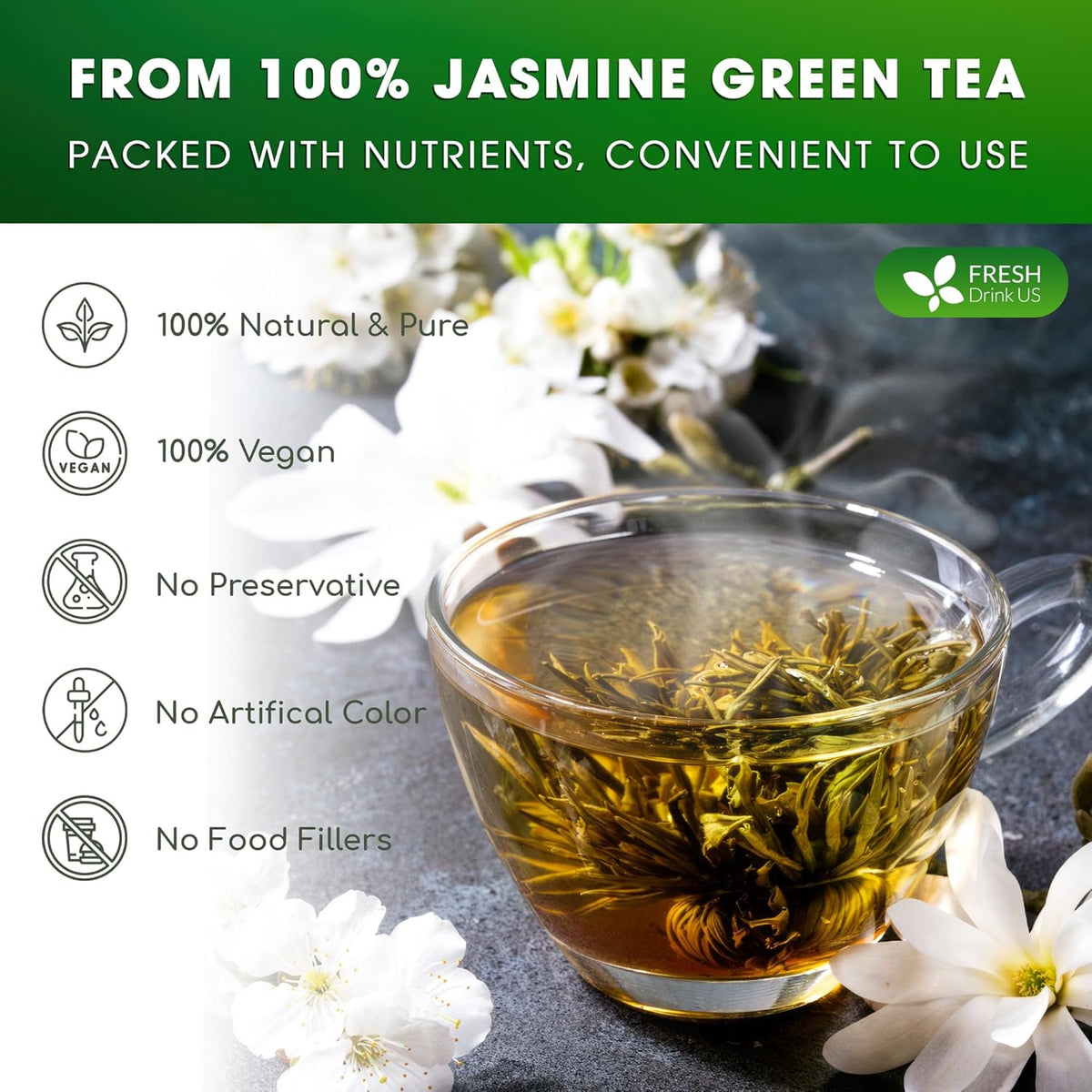 Premium Jasmine Green Tea Bags. Jasmine Green Herbal Tea. Made with Natural Material Tea Bags. No Sugar, No Gluten, Vegan.