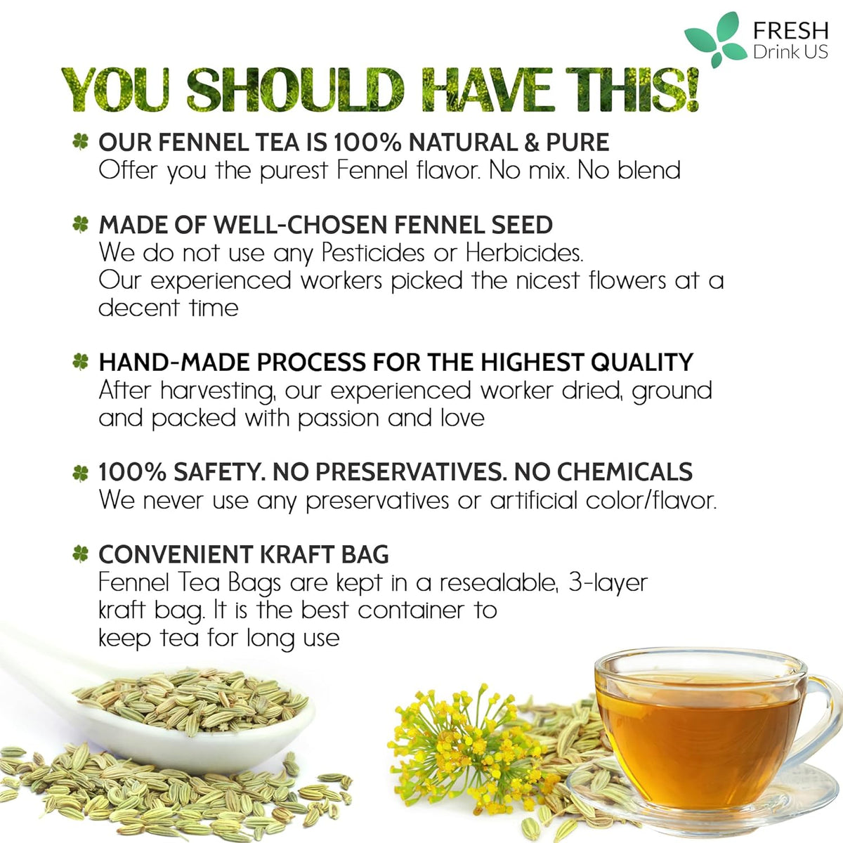 Premium Fennel Tea Bags, 100% Natural & Pure from Fennel Seeds. Fennel Seed Herbal Tea. Fennel Seed Tea. Made with Natural Material Tea Bags. No Sugar, No Caffeine, No Gluten, Vegan.