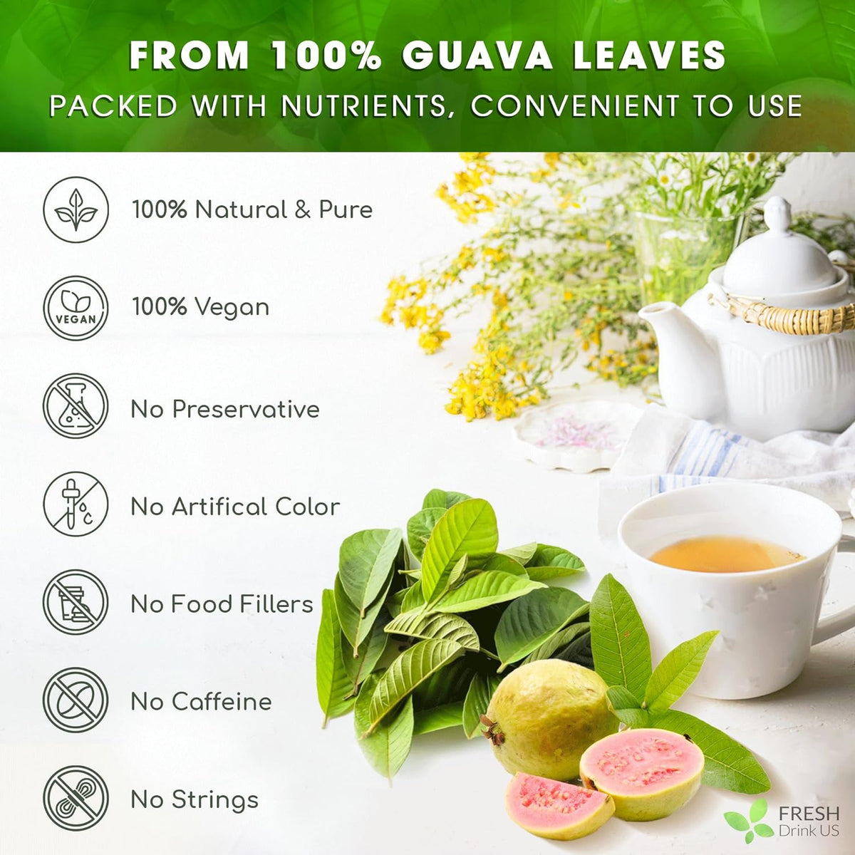 Natural Guava Leaves, Whole Dried Leaves, Cut-and-Sifted Guava leaves, 100% Pure from Guava Leaves, Natural Guava Loose Leaf Herbal Tea, No Additives, No Caffeine, Vegan