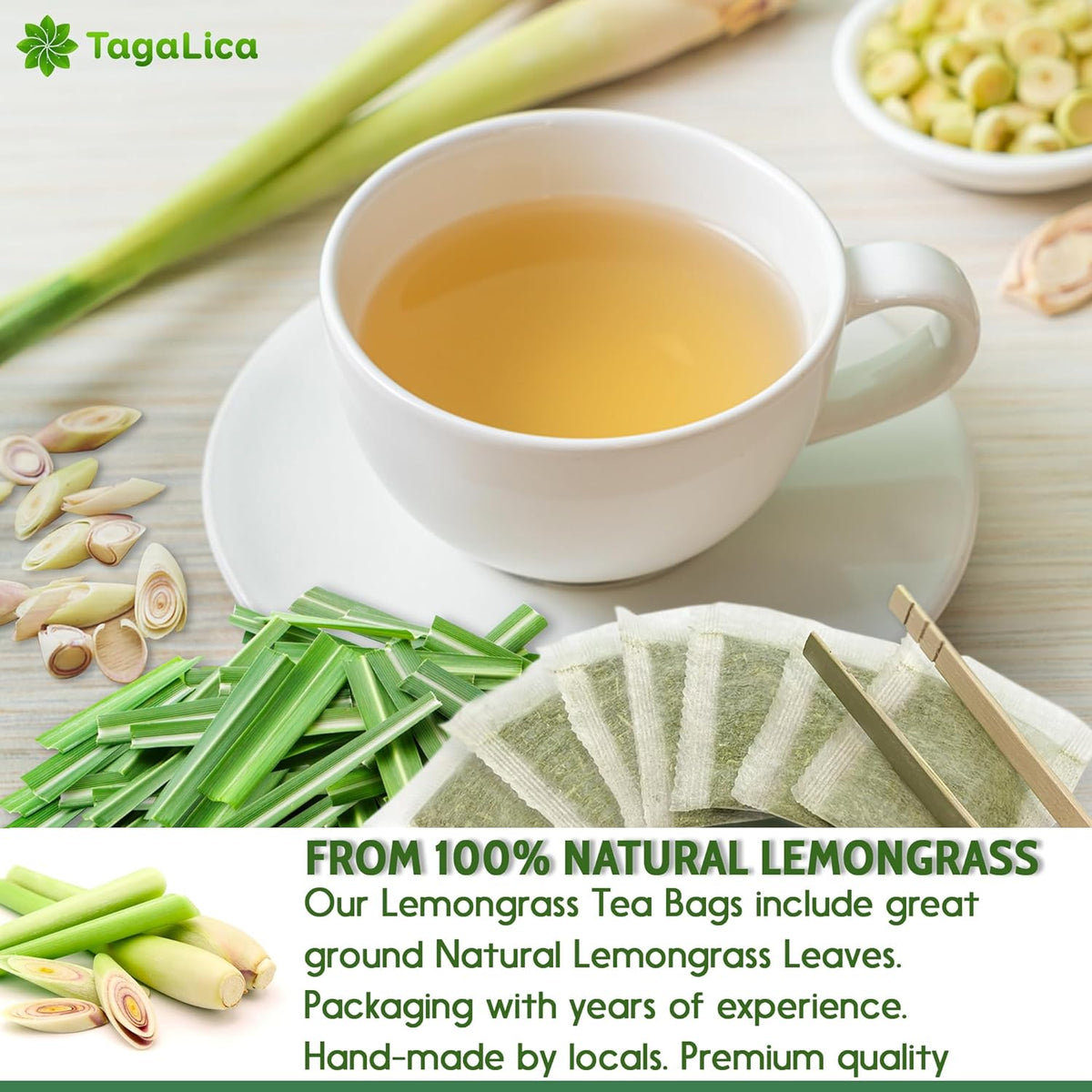 Lemongrass Tea Bags, 100% Natural & Pure Lemongrass leaves, Eco-Conscious Tea Bags, Lemongrass Herbal Tea. Lemongrass Leaf Tea. No Sugar, No Caffeine, No Gluten, Vegan.