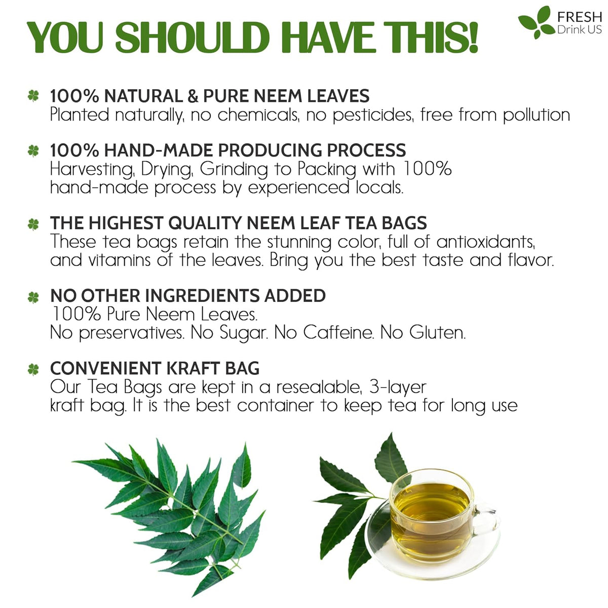 Neem Leaf Tea Bags, 100% Natural and Pure from Neem Leaves. Loose Leaf Neem Herbal Tea. Neem Leaf Tea. No Sugar, No Caffeine, No Gluten, Vegan.
