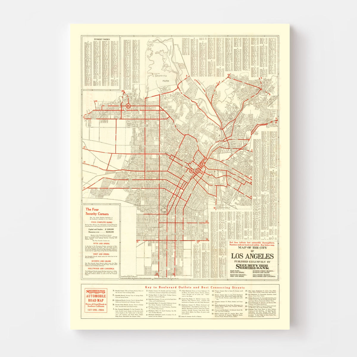 Vintage Map of Los Angeles, California 1914