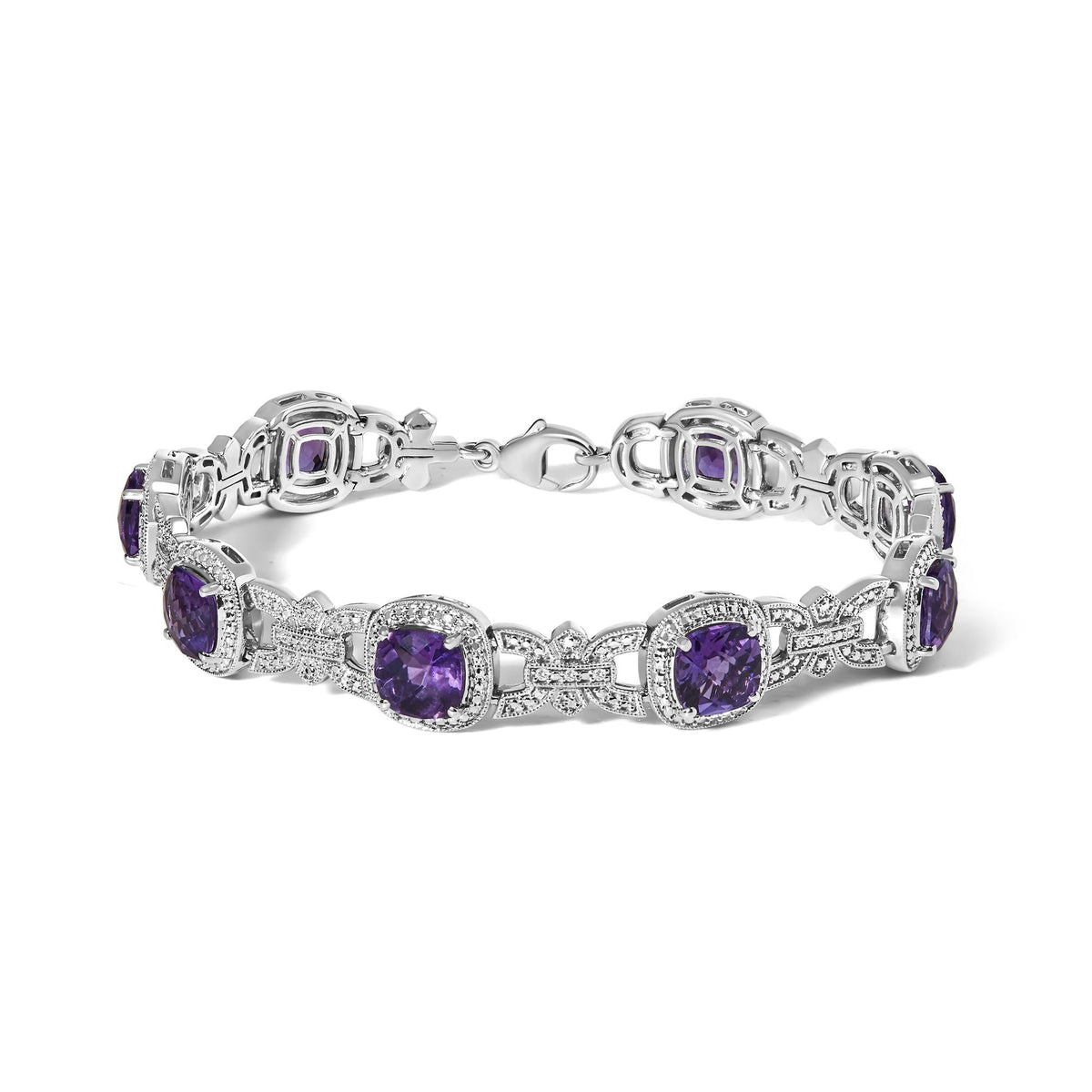 Silver Cushion-Cut Purple Amethyst & Diamond Vintage Halo Link Bracelet