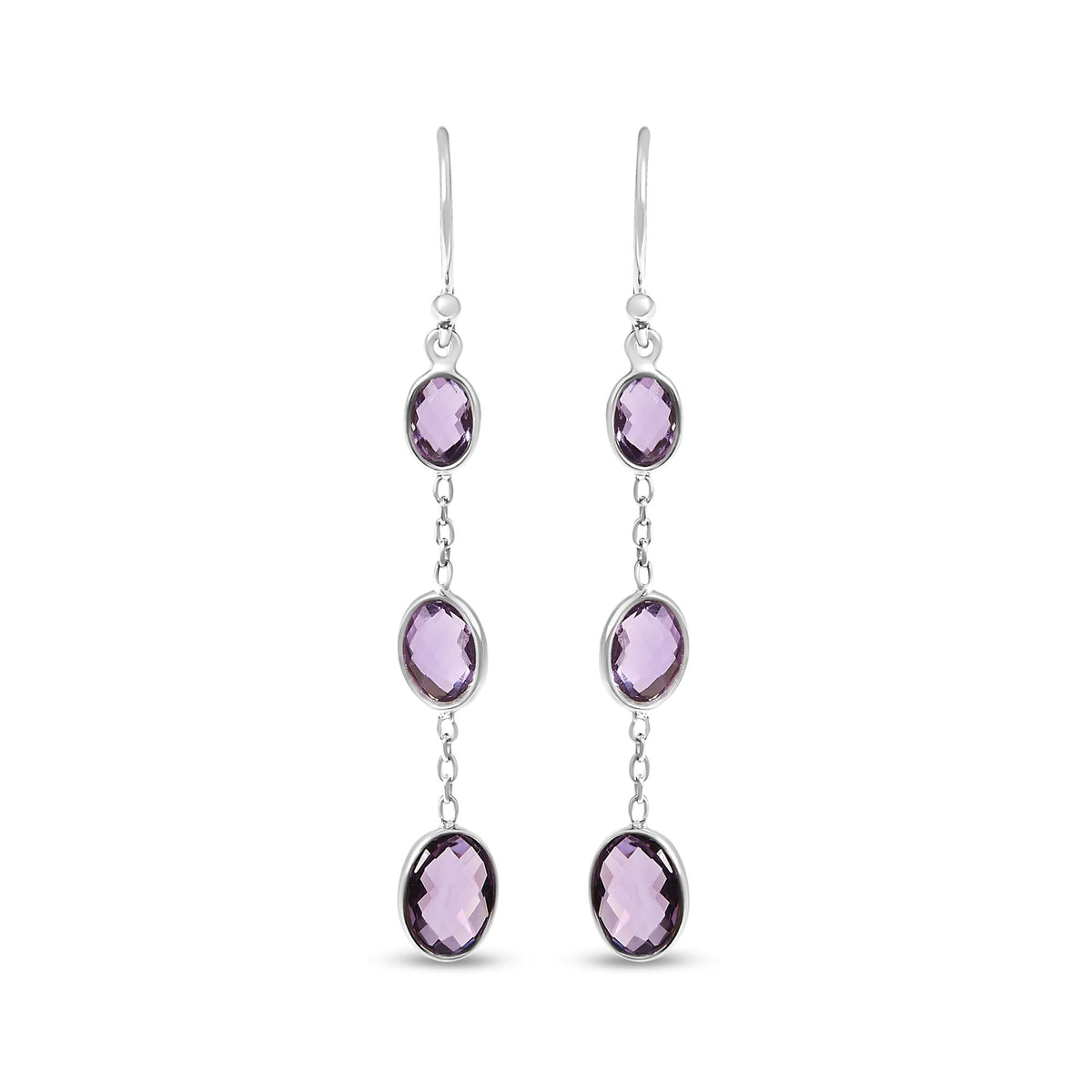 .925 Sterling Silver Checkerboard Cut Oval Purple Amethyst 2" Inch Drop and Dangle Earrings