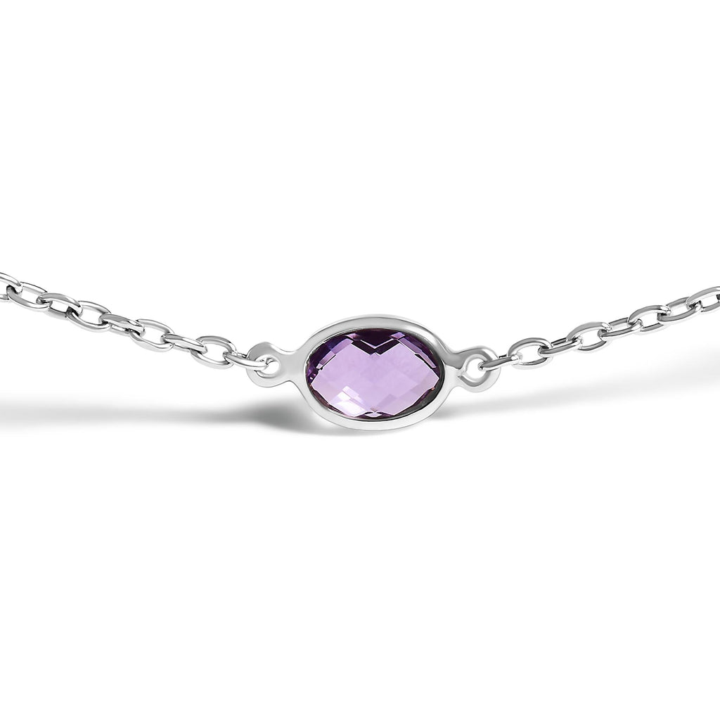 .925 Sterling Silver Checkerboard Cut Purple Amethyst Bezel Station Necklace - 22" Inches