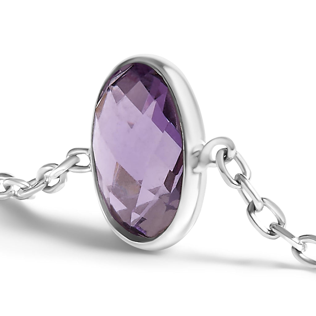 .925 Sterling Silver Bezel Set Purple Amethyst 5 Station Adjustable Bolo Bracelet