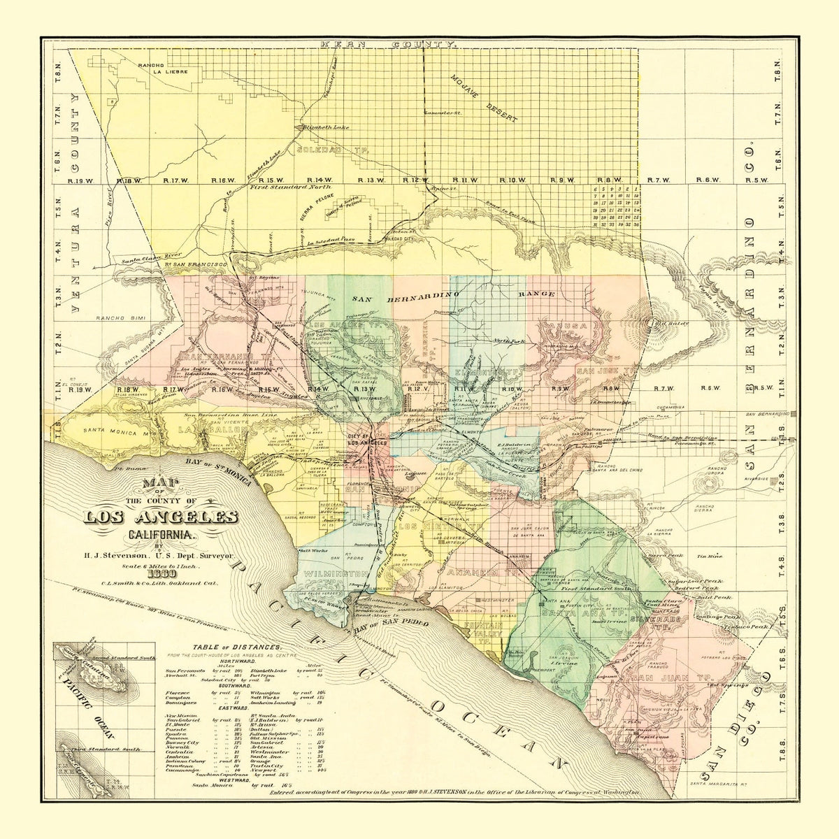 Vintage Map of Los Angeles County, California 1880