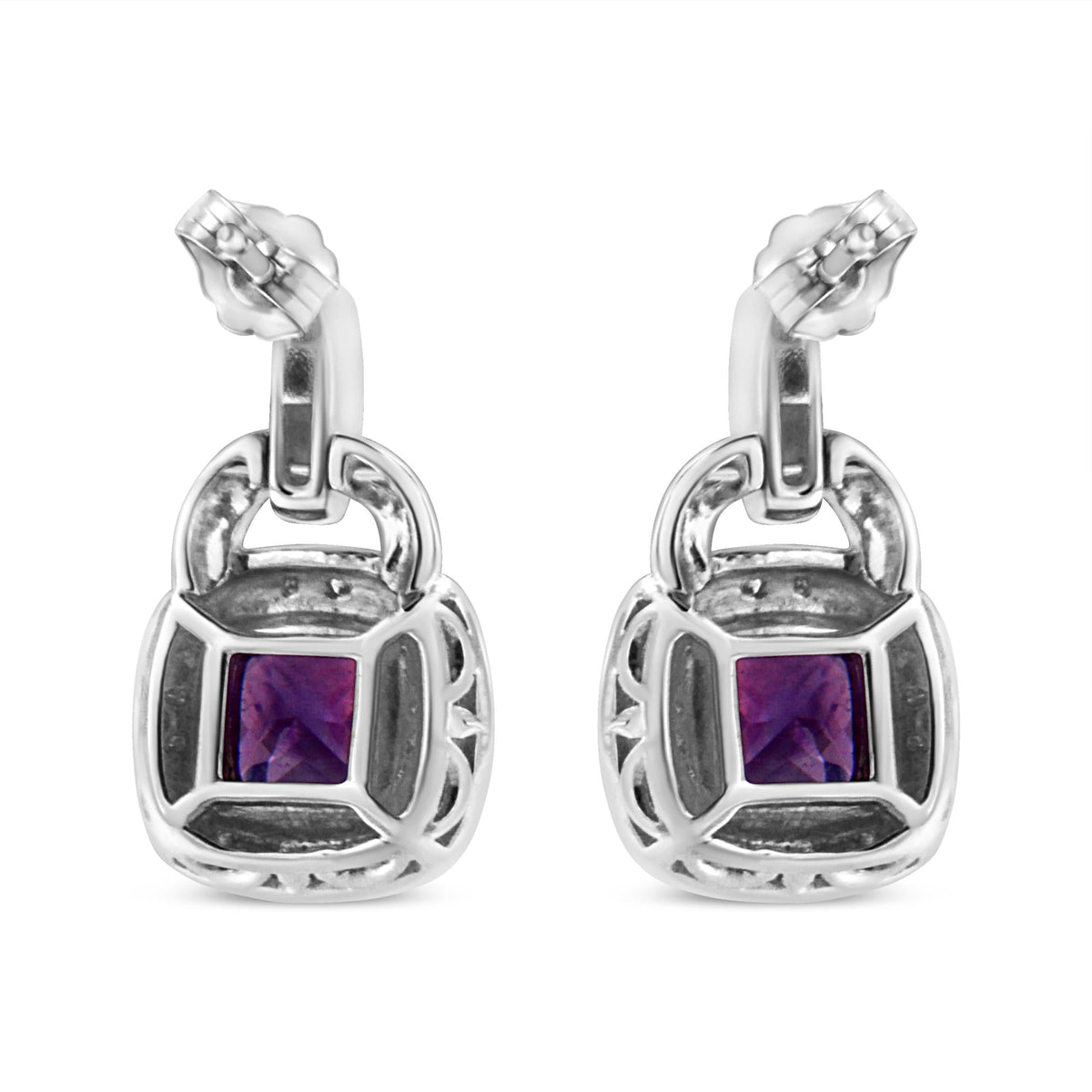 .925 Sterling Silver 8MM Natural Cushion Shaped Amethyst and Diamond Accent Halo with Push Back Dangle Earrings (I-J Color, I2-I3 Clarity)