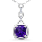.925 Sterling Silver 6x6MM Cushion Shaped Natural Purple Amethyst and Diamond Accented Bale 18" Inch Pendant Necklace (I-J Color, I1-I2 Clarity)