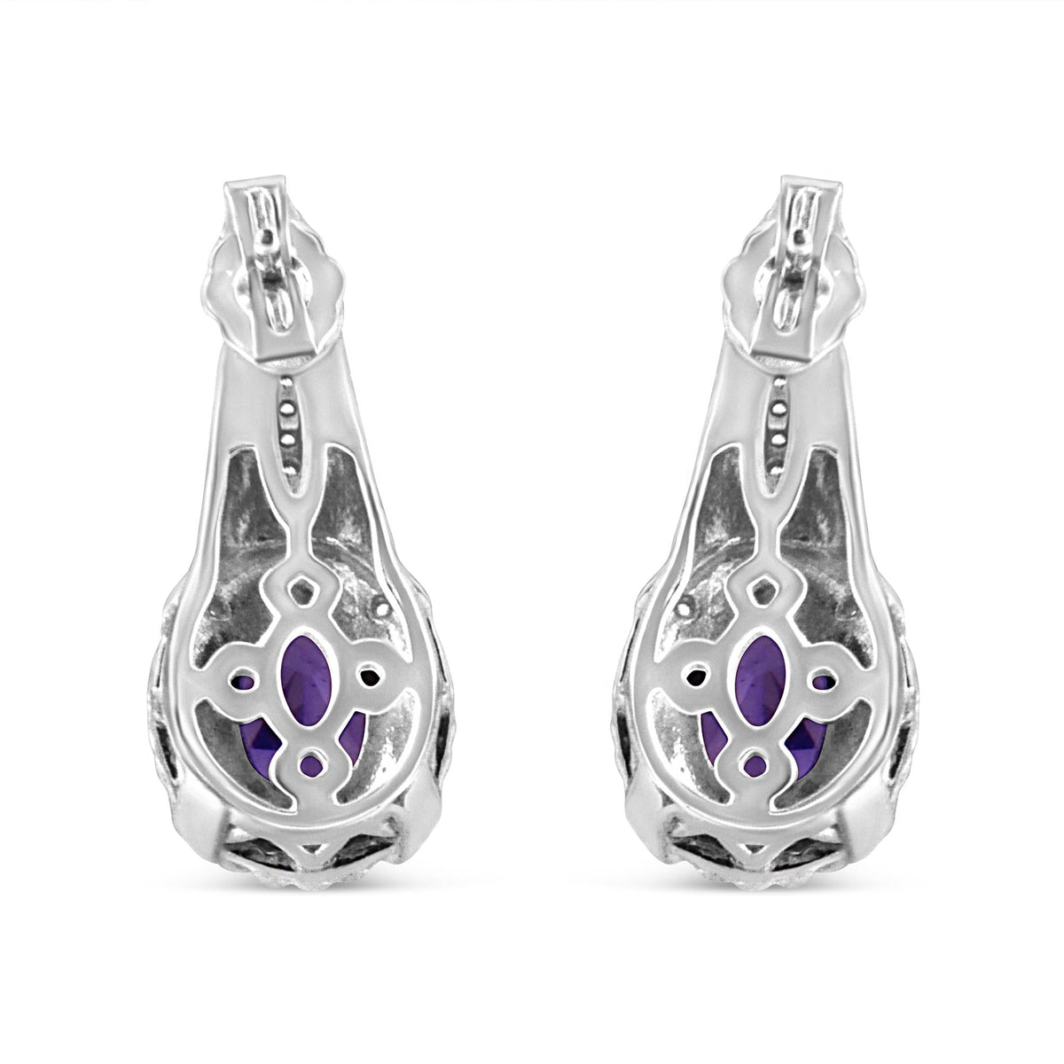 .925 Sterling Silver 8x6 MM Natural Oval Purple Amethyst Gemstone and Diamond Accent Art Deco Style Drop and Dangle Earrings (I-J Color, I1-I2 Clarity)