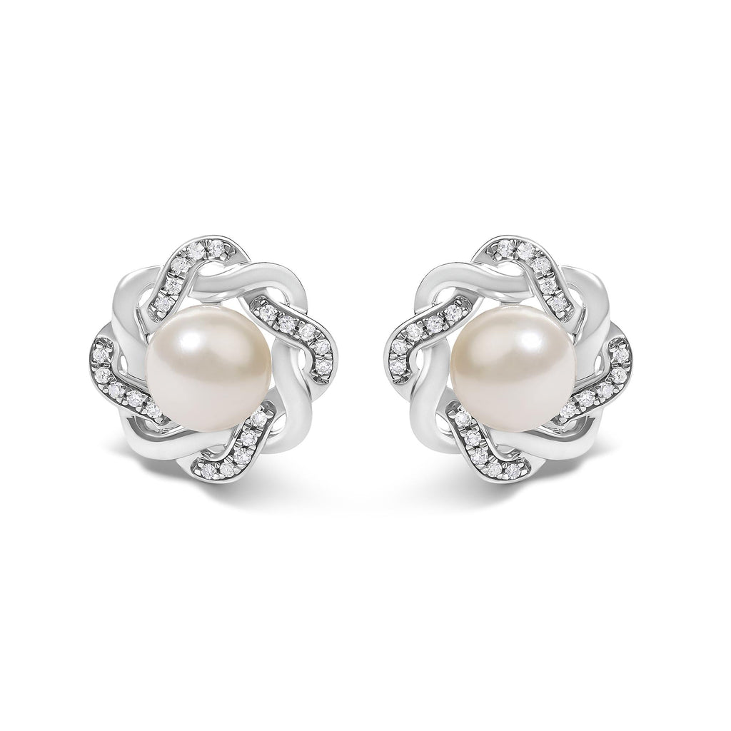 Sterling Silver Pearl and 1/10 Cttw Diamond Floral Twist Stud Earrings