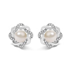 Sterling Silver Pearl and 1/10 Cttw Diamond Floral Twist Stud Earrings