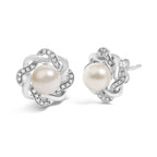 Sterling Silver Pearl and 1/10 Cttw Diamond Floral Twist Stud Earrings