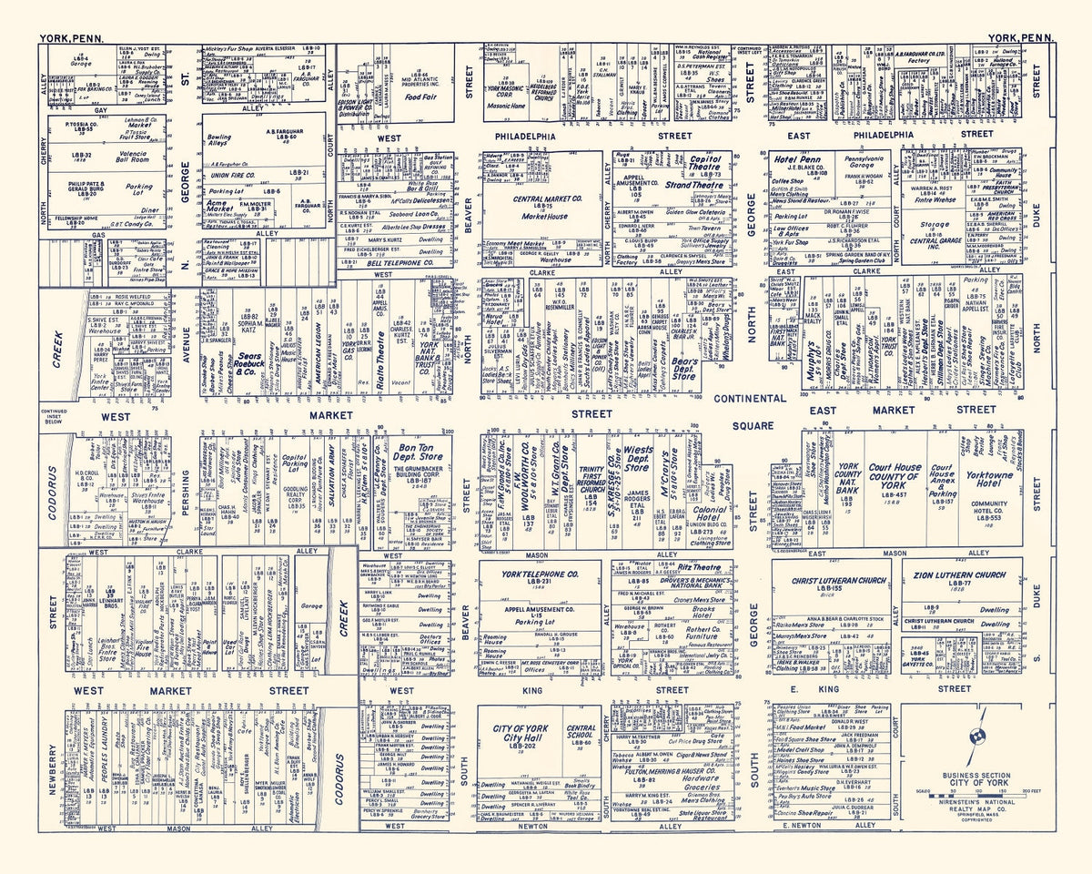 Vintage Map of York, PA Business Section 1950