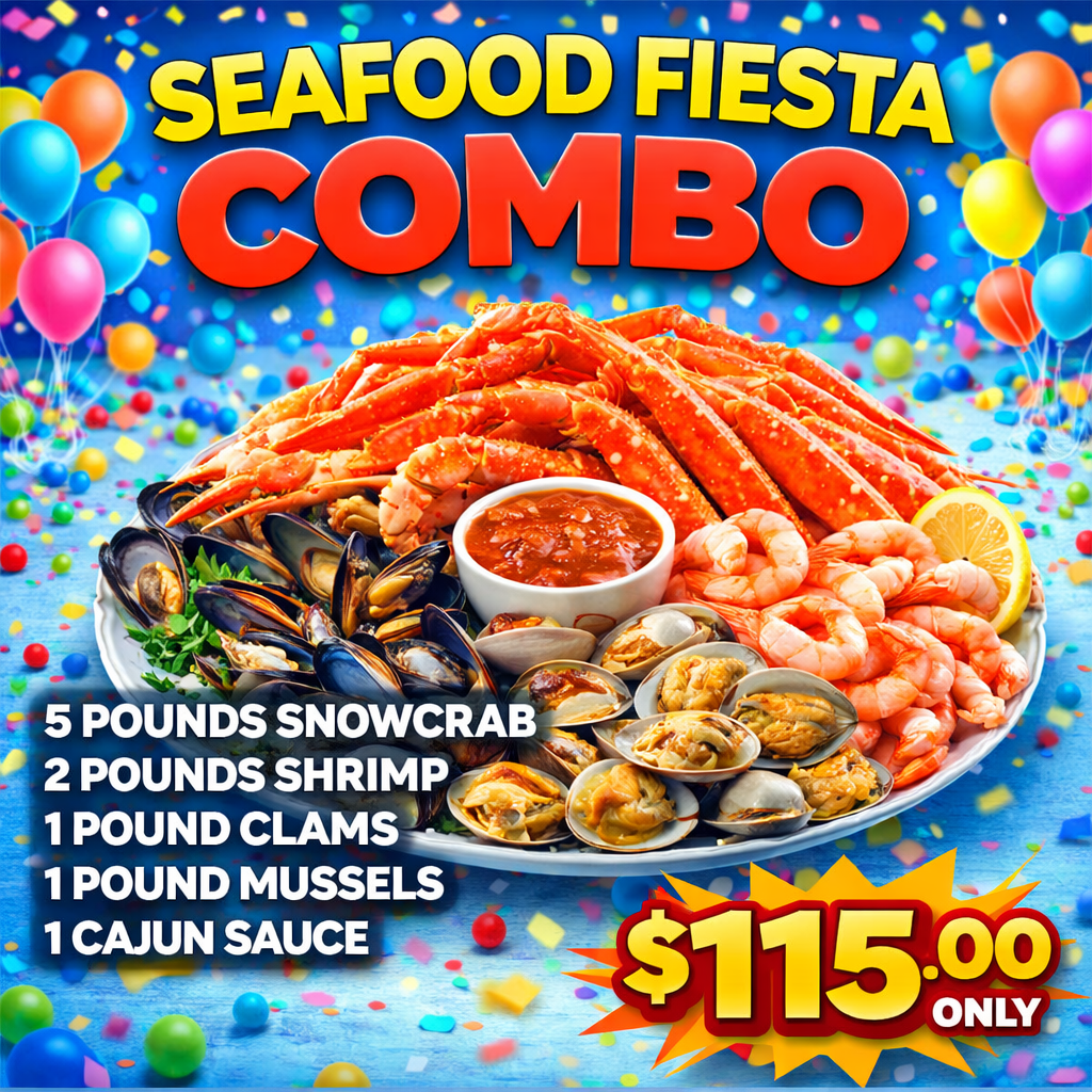 Seafood Fiesta — Crab, Shrimp, Mussels, Clams & Cajun Sauce