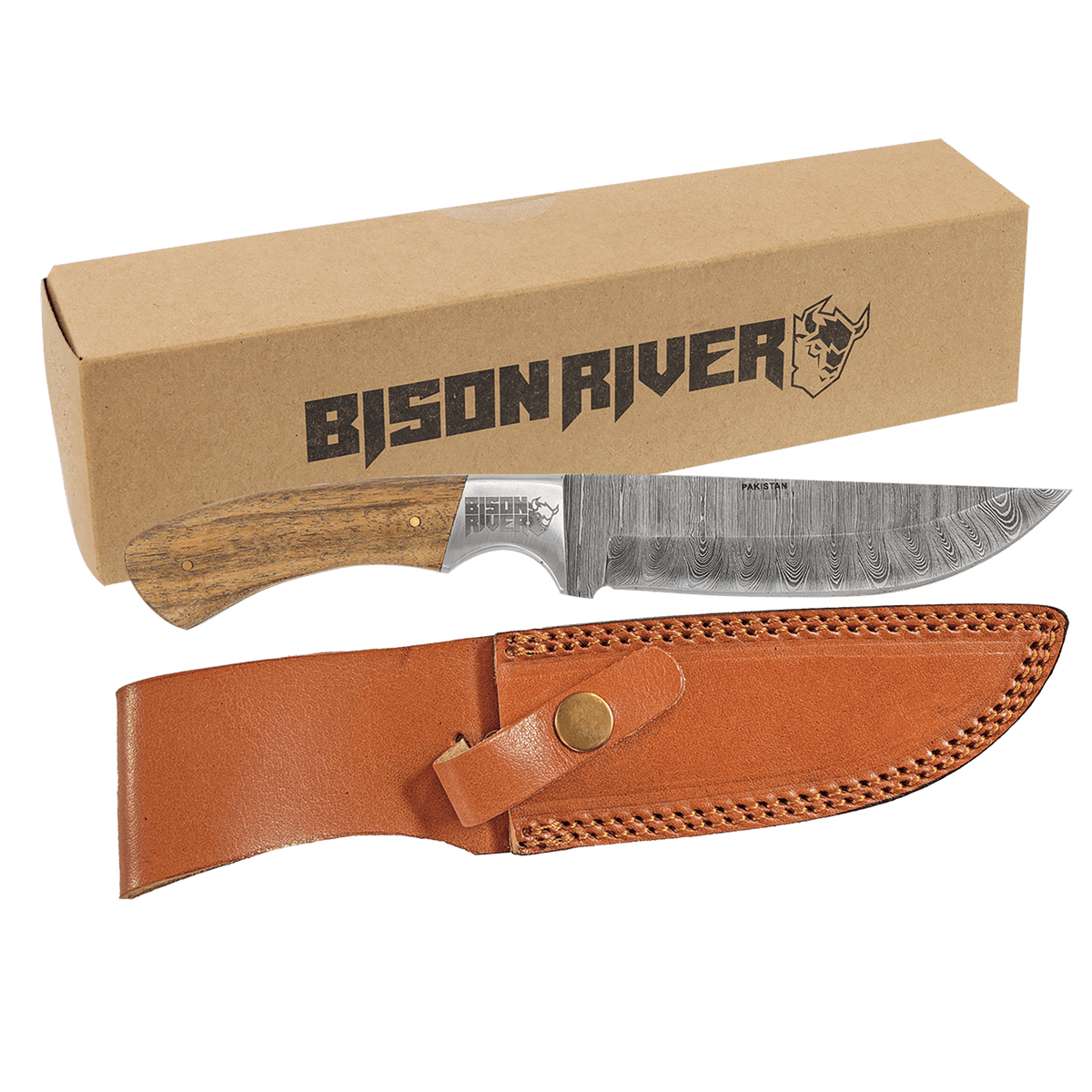 9.5" Fixed Damascus Blade Knife with Leather Sheath