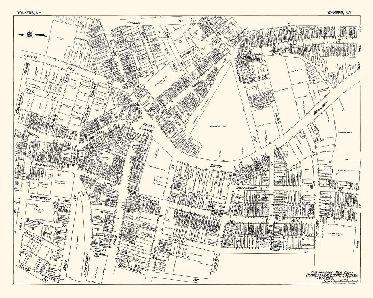 Vintage Map of Yonkers, NY Business Section 1929
