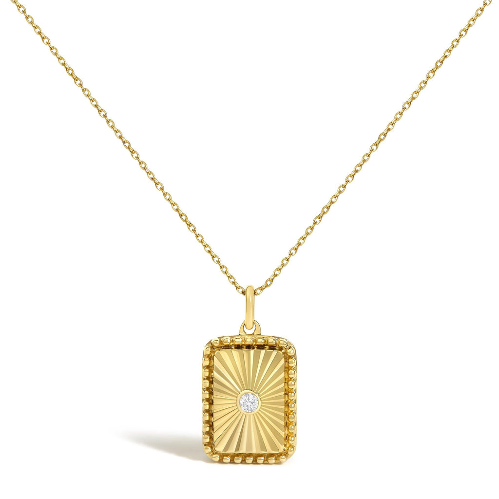 14K Yellow Gold Diamond Accent Rectangular Fluted Medallion Pendant Necklace