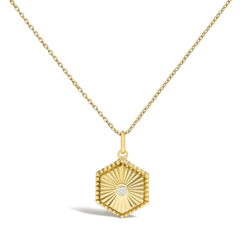 10K Yellow Gold Diamond Accent Hexagonal Fluted Medallion Pendant Necklace