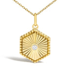 10K Yellow Gold Diamond Accent Hexagonal Fluted Medallion Pendant Necklace