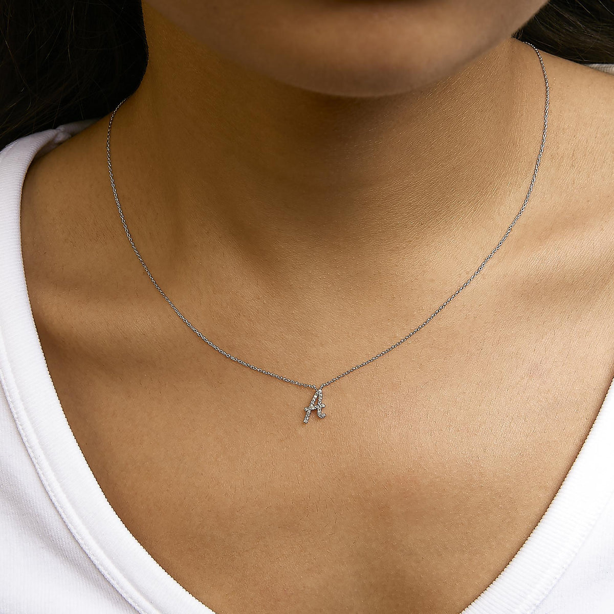 14K White Gold Diamond Accent "A-Z" Initial Script Style Pendant Necklace