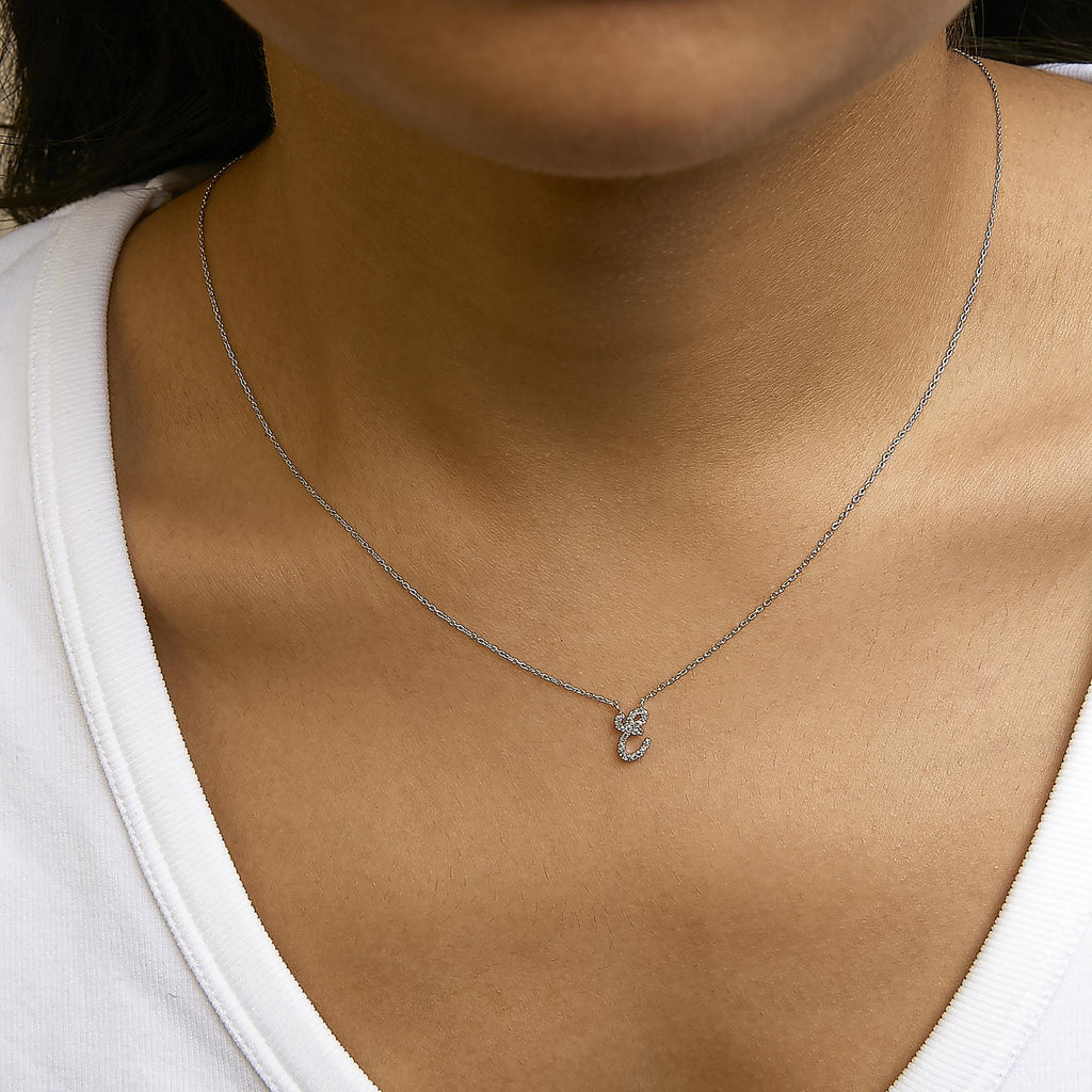 14K White Gold Diamond Accent "A-Z" Initial Script Style Pendant Necklace