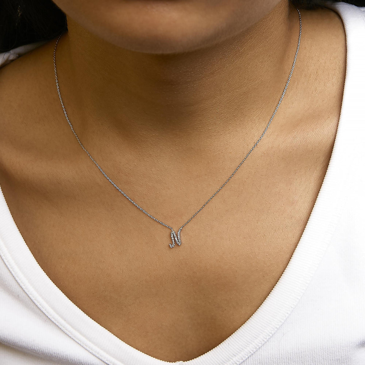 14K White Gold Diamond Accent "A-Z" Initial Script Style Pendant Necklace