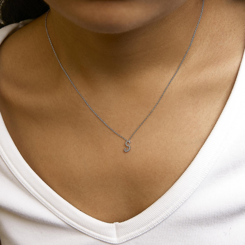14K White Gold Diamond Accent "A-Z" Initial Script Style Pendant Necklace
