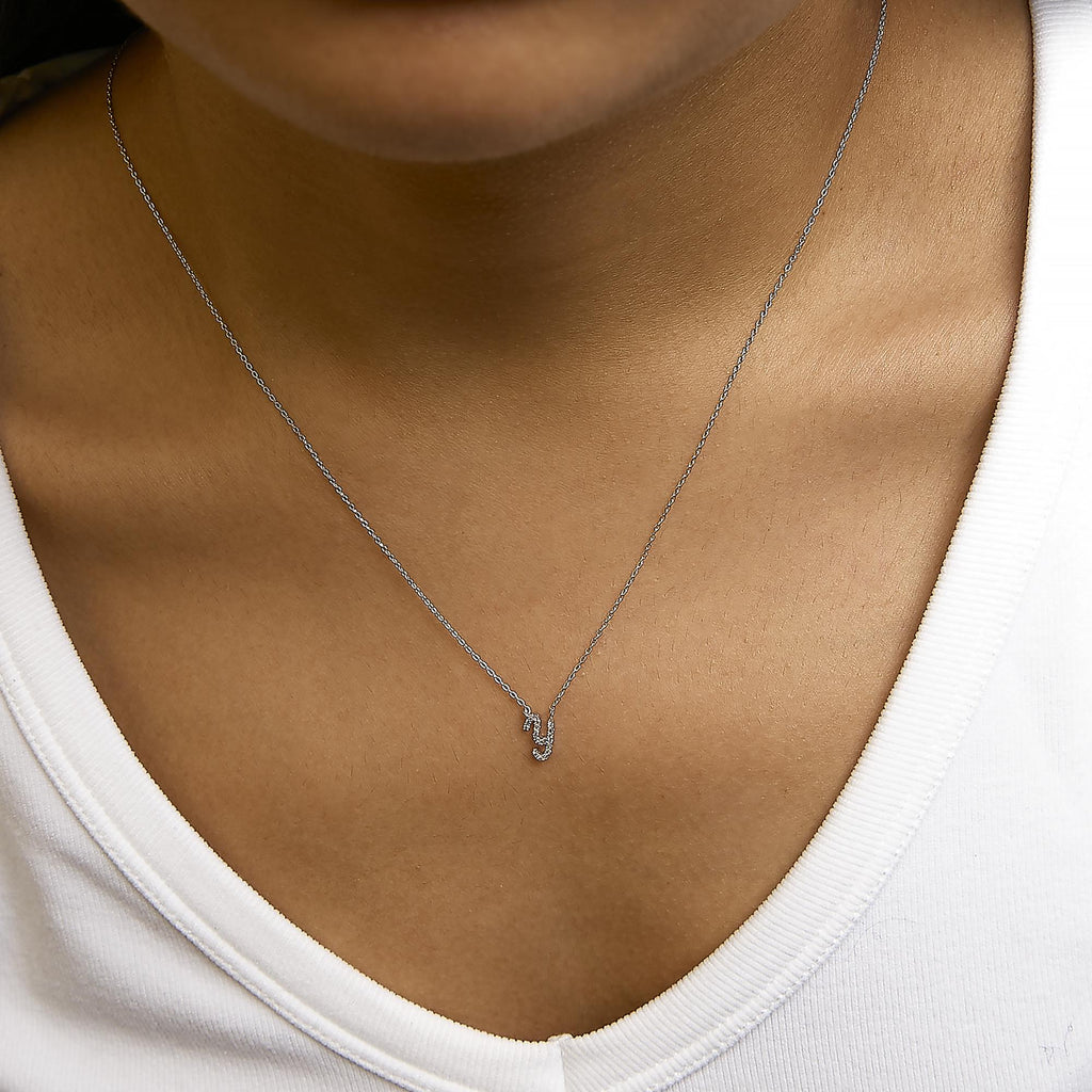 14K White Gold Diamond Accent "A-Z" Initial Script Style Pendant Necklace