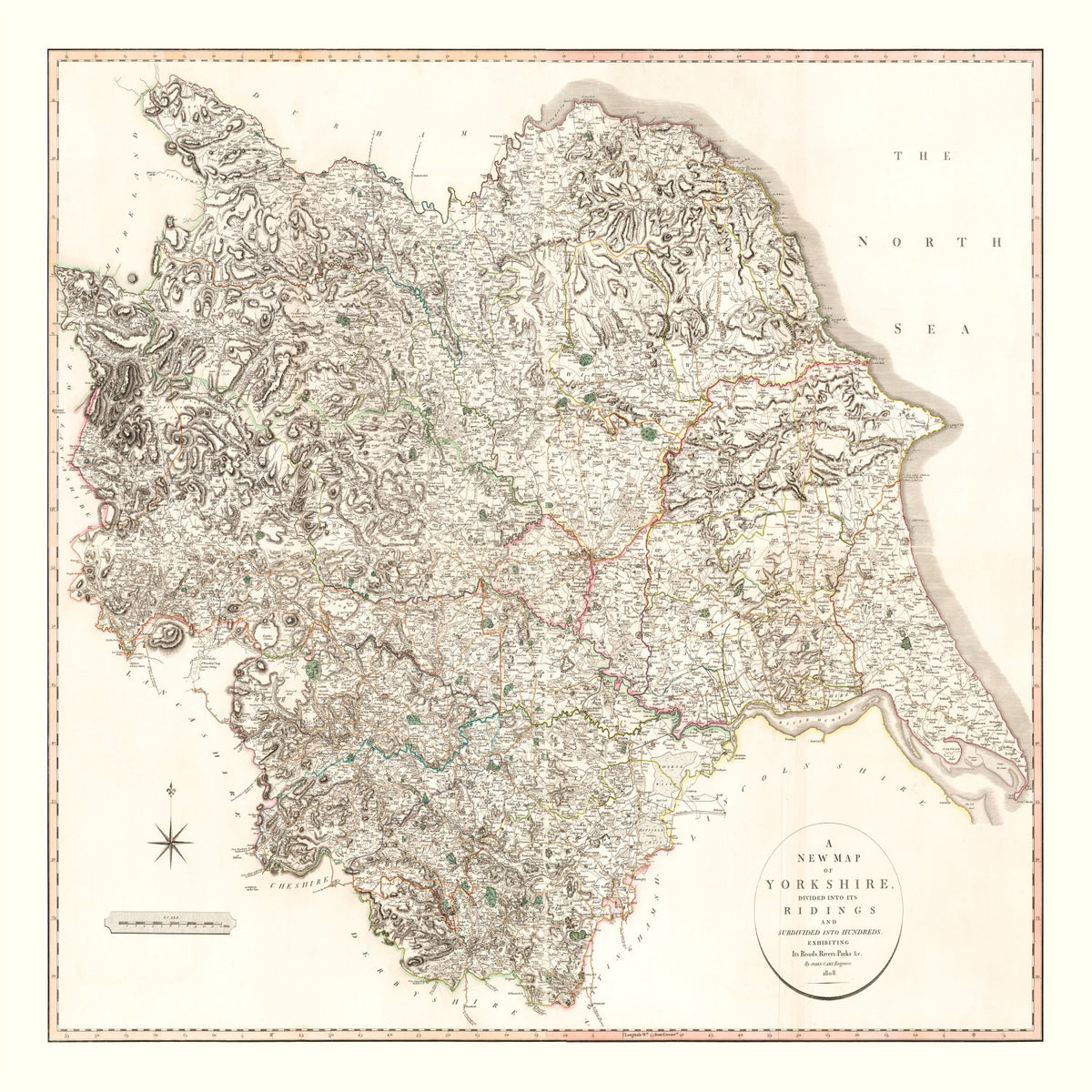 Vintage Map of Yorkshire County England, 1808