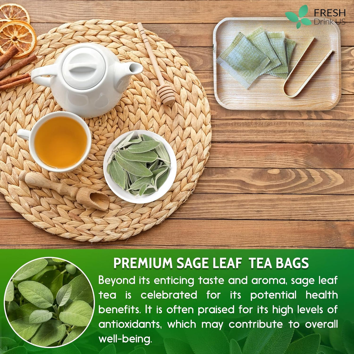 Sage Leaf Tea Bags, 100% Natural & Pure from Sage Leaves. Loose Leaf Sage Herbal Tea. Sage Leaf Tea. Made with Natural Material Tea Bags. No Sugar, No Caffeine, No Gluten, Vegan.