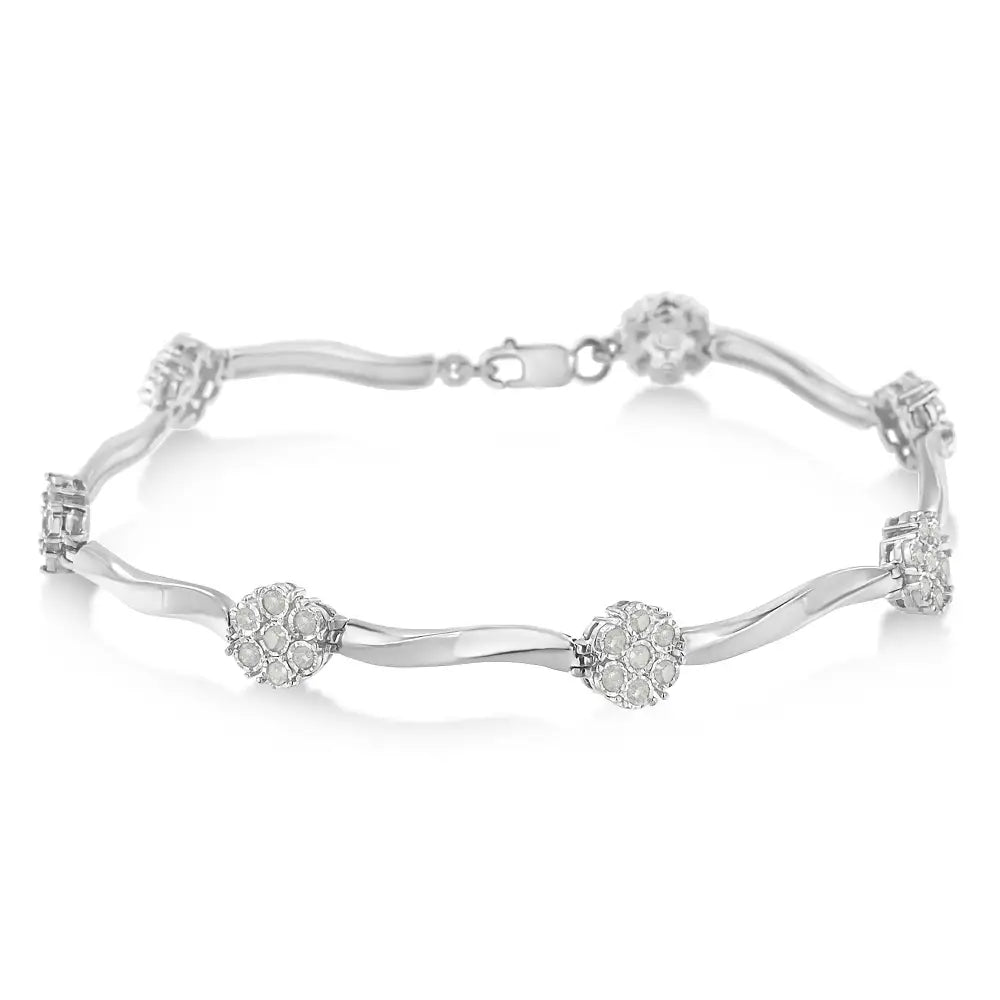 Sterling silver 1.0 cttw diamond floral cluster link bracelet 7 inch bijoux-nyc direct