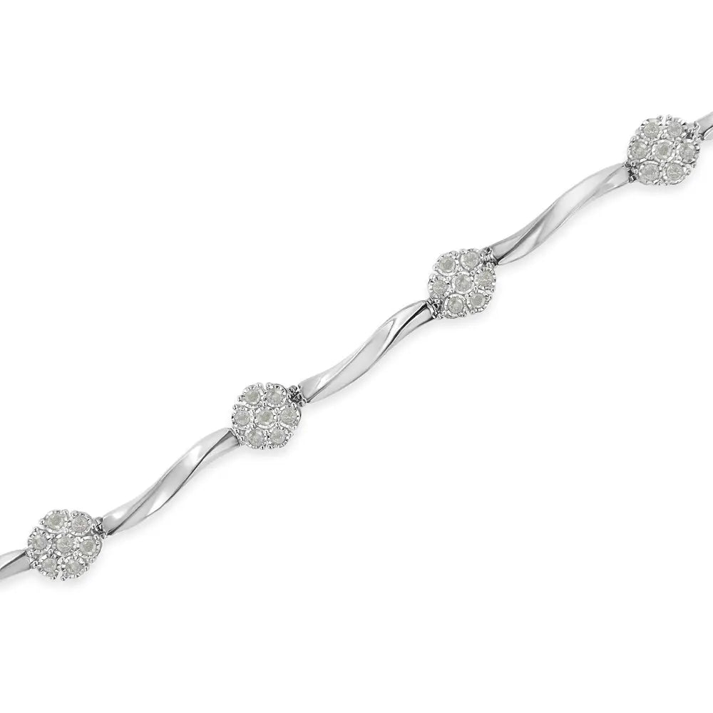 Sterling silver 1.0 cttw diamond floral cluster link bracelet 7 inch bijoux-nyc direct