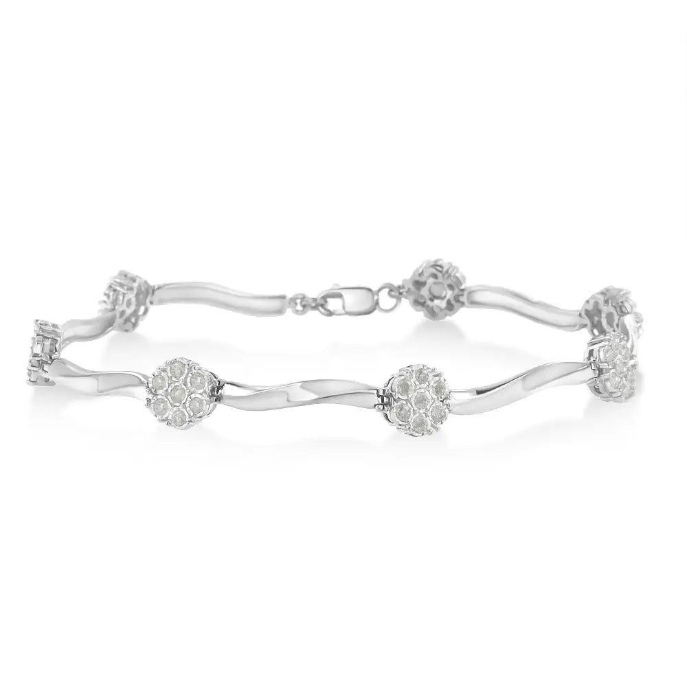Sterling silver 1.0 cttw diamond floral cluster link bracelet 7 inch bijoux-nyc direct