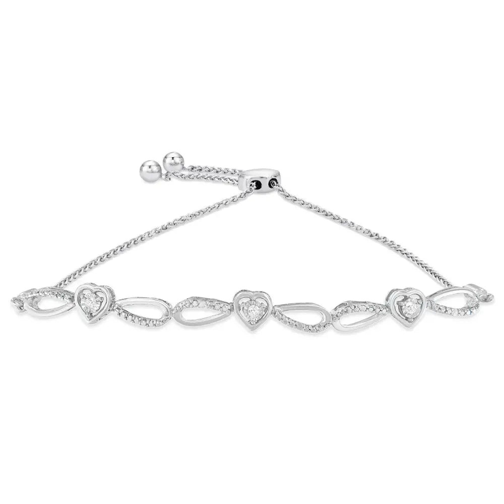 Diamond triple heart infinity bolo bracelet in sterling silver 6–9 inch bijoux-nyc direct