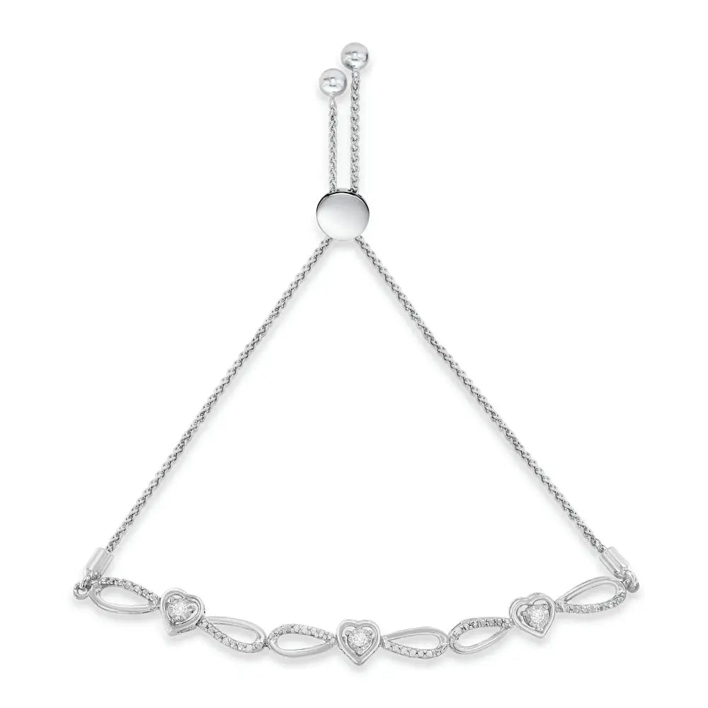 Diamond triple heart infinity bolo bracelet in sterling silver 6–9 inch bijoux-nyc direct