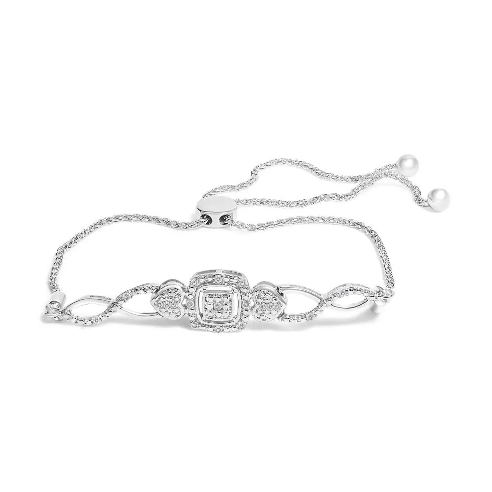 Diamond double heart twist bolo bracelet in sterling silver bijoux-nyc direct