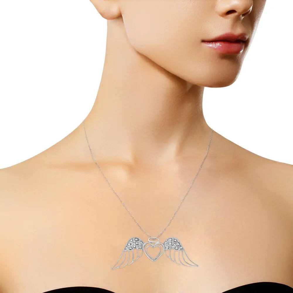 Diamond pavé angel wing double heart sterling silver necklace 1/20 cttw bijoux-nyc direct