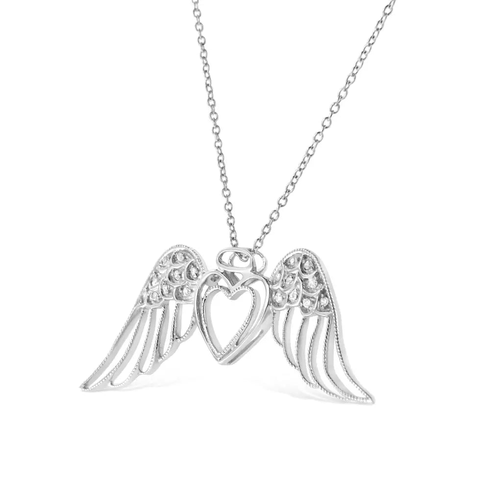 Diamond pavé angel wing double heart sterling silver necklace 1/20 cttw bijoux-nyc direct