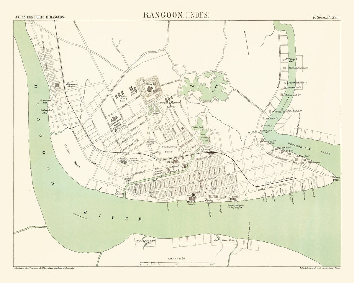 Vintage Map of Yangon, Myanmar 1888